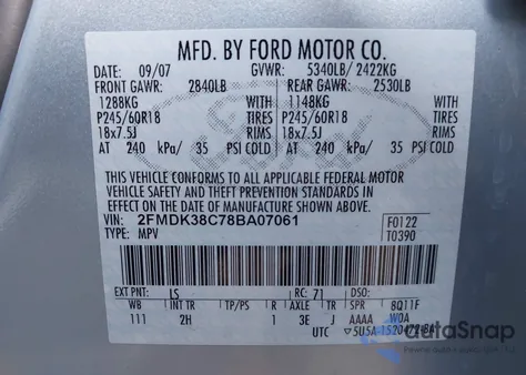 2008 Ford Edge Sel z USA, uszkodzony, nr VIN 2FMDK38C78BA07061